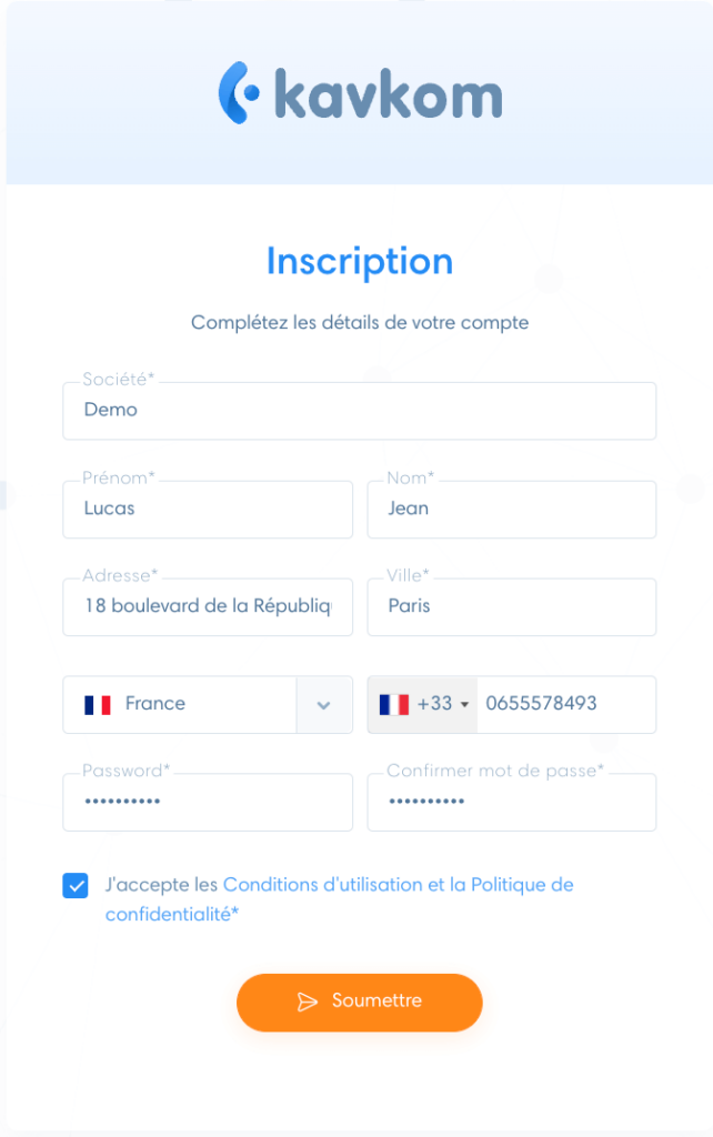 Renseignez les informations de votre compte Kavkom