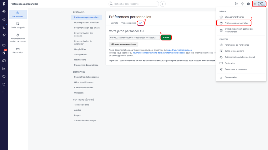 Copier le jeton API Pipedrive