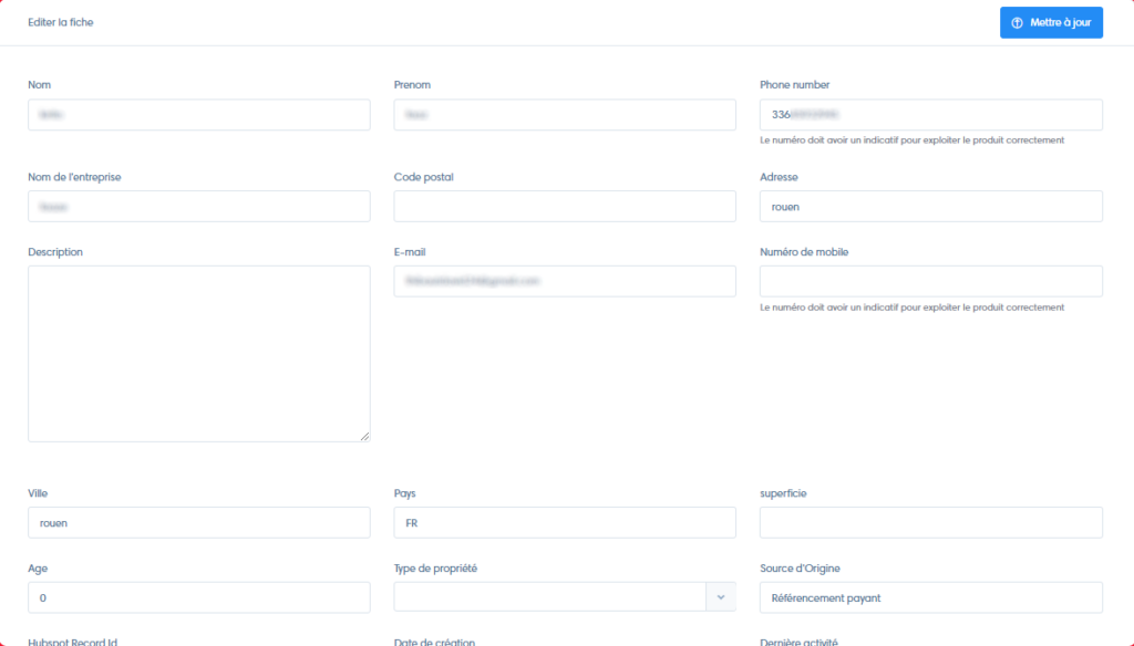 Vue des informations prospect CRM