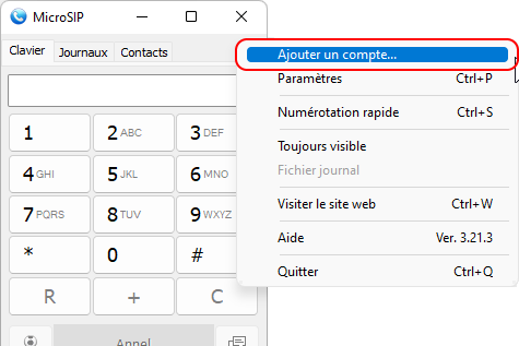 Adding an account to MicroSIP