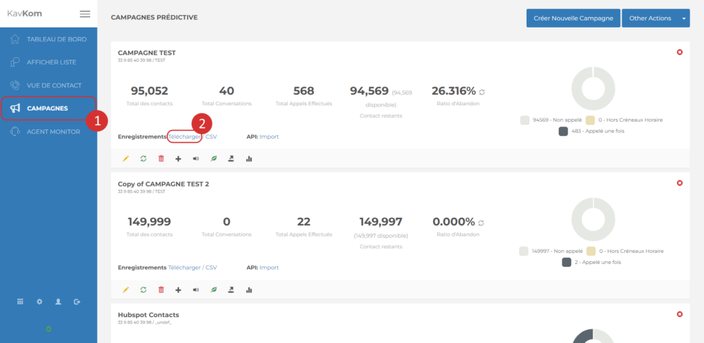 Find all campaign recordings on the Kavkom dialer
